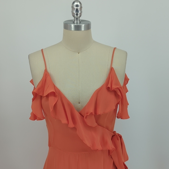 Women's Silk Ruffle Wrapped Maxi Dress Orange Size M/L - Picture 2 of 10